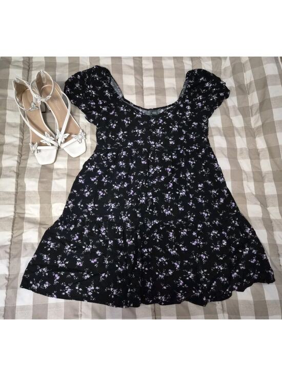 Wild Fable Dresses & Skirts - Size M Wild Fable Black Mini Flare Dress Purple Floral Button Front Puff Sleeve